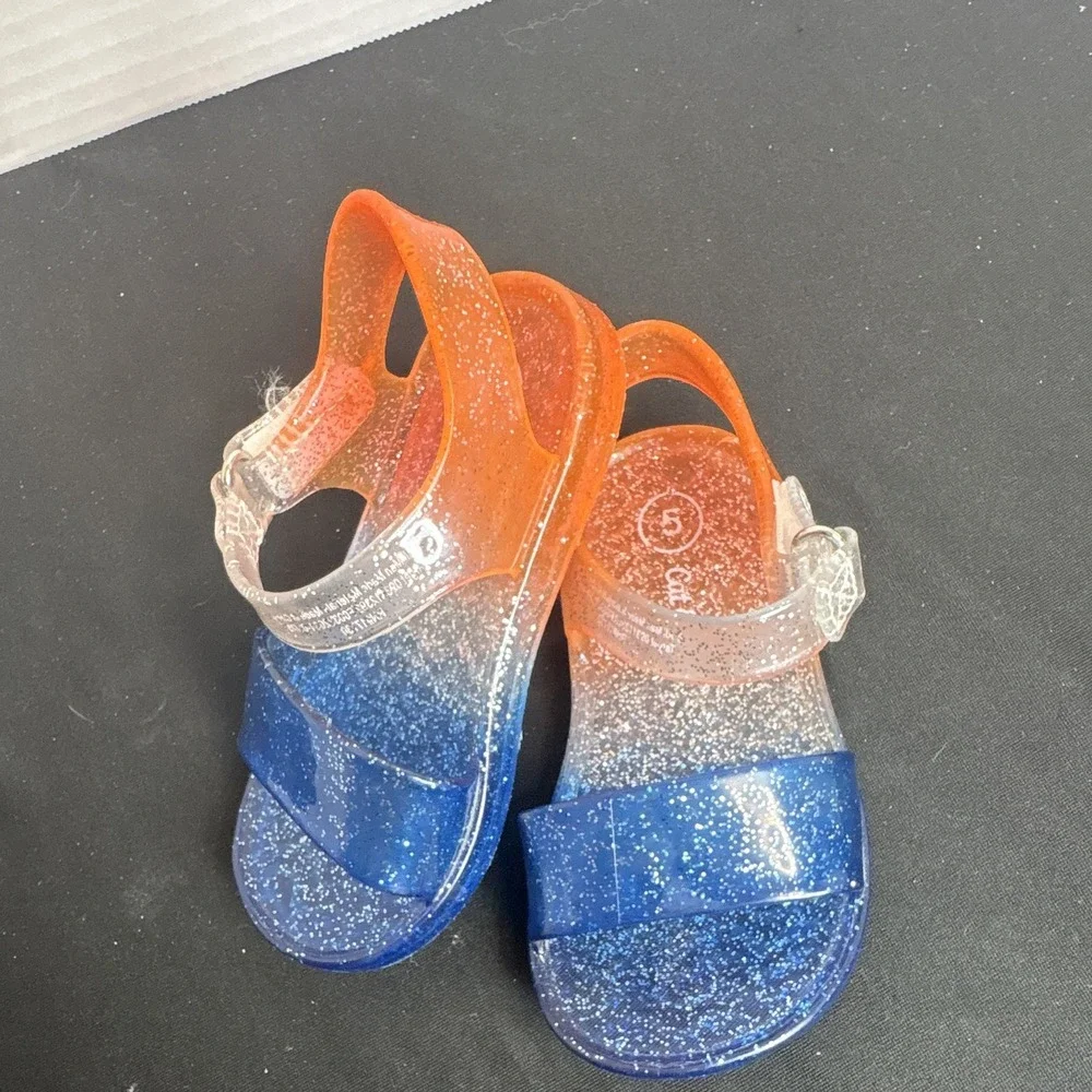 Girls Glitter Strappy Open Toe Sandals Buckle Plastic Blue/Orange/Clear 5